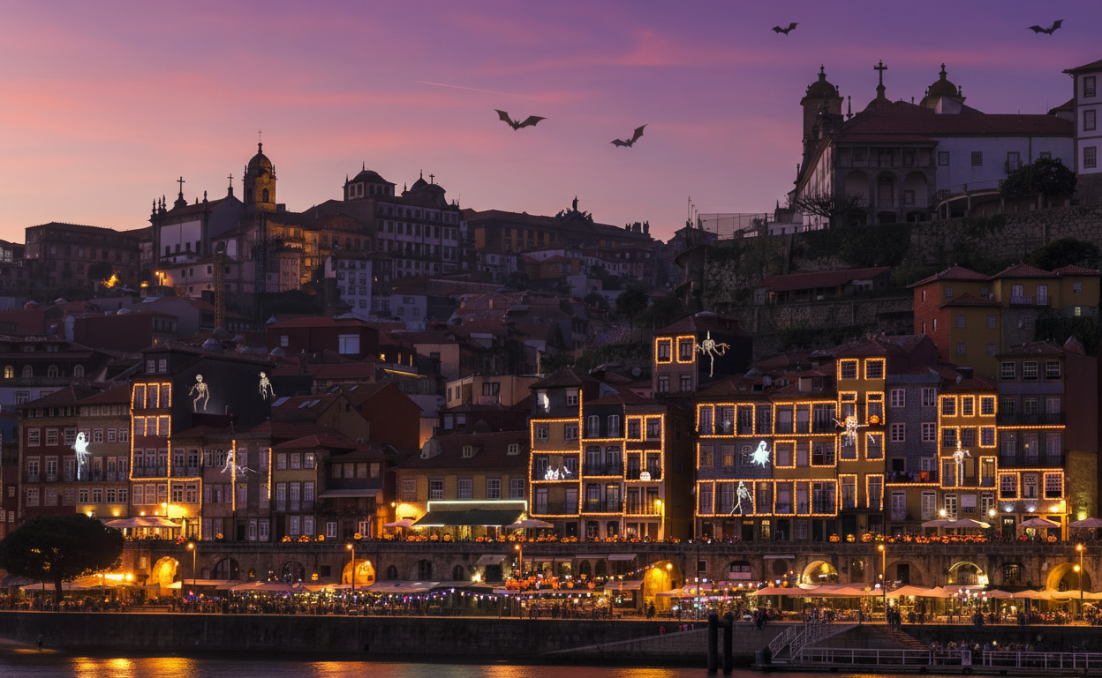 Imagem gerada com inteligencia artificial, mostra a cidade do Porto a noite com decorações de halloween