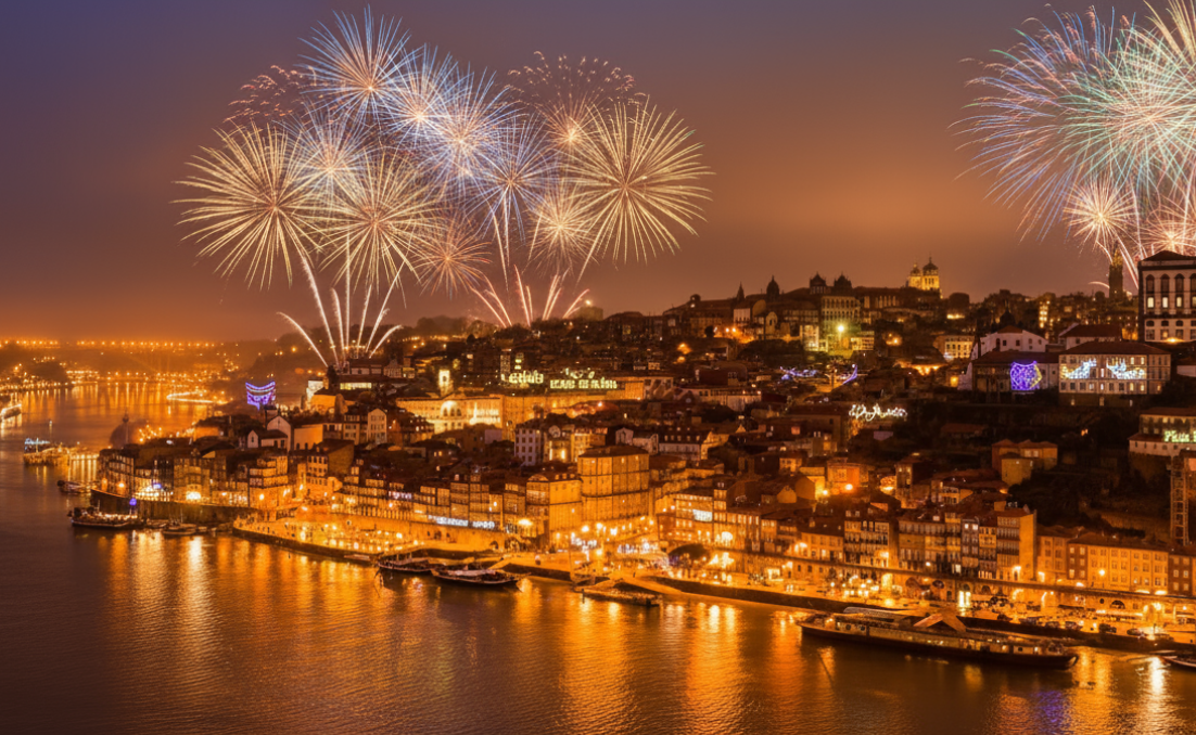 Vista aerea da Riveibera do Porto na noite de ano novo com figos de artifícios - Editada em AI