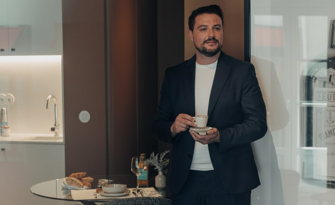 Homem em ambiente de hotel a beber café junto a mesa com pequeno-almoço