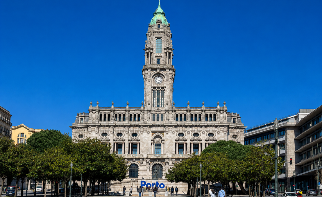 Câmara Municipal do Porto sob um céu azul em setembro